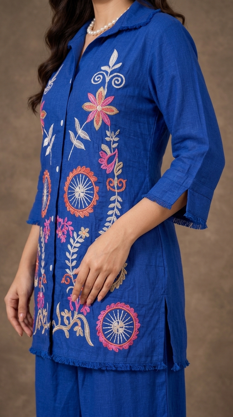 Royal Blue Embroidered Cotton Kurta Palazzo Set for Women