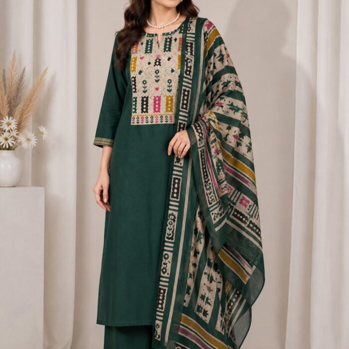 Dark Green Printed 3-Piece Kurta Set for Women