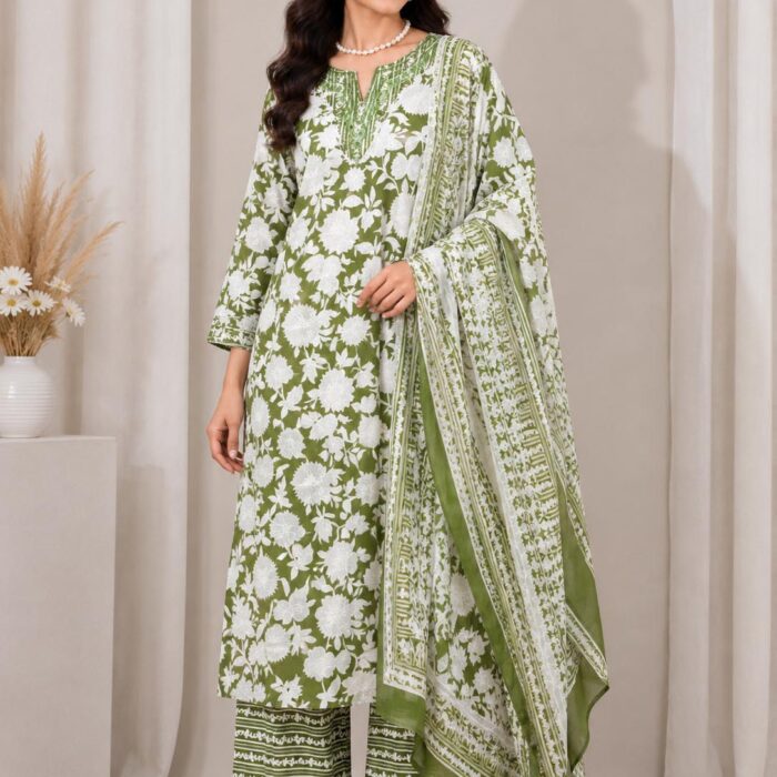 Olive Green Printed 3-Piece Kurta Set for Women
