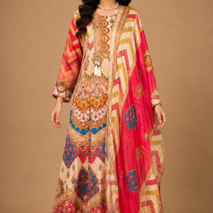 Pink & Beige Printed 3-Piece Kurta Set for Women
